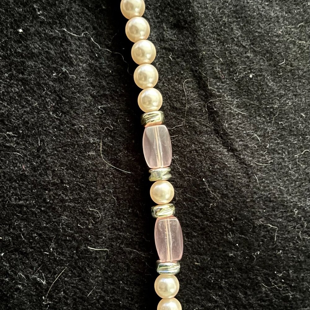 Vintage Estate Faux Pearl, Pink ‘Crystal’ and Silver-Tone Accent Necklace 24” - Picture 2 of 6
